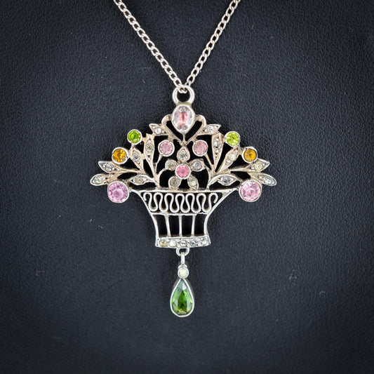 Antique Giardinetti Flower Basket Paste Silver Pendant Necklace | 18"
