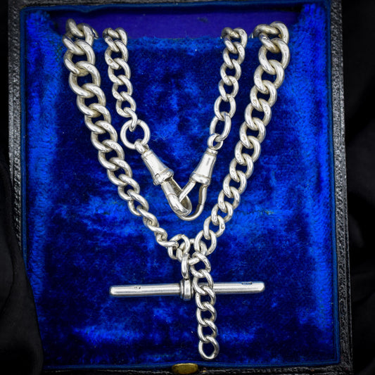 Antique 15.5" Sterling Silver Curb Link Albert Watch Chain Necklace with T-Bar and Dog Clips