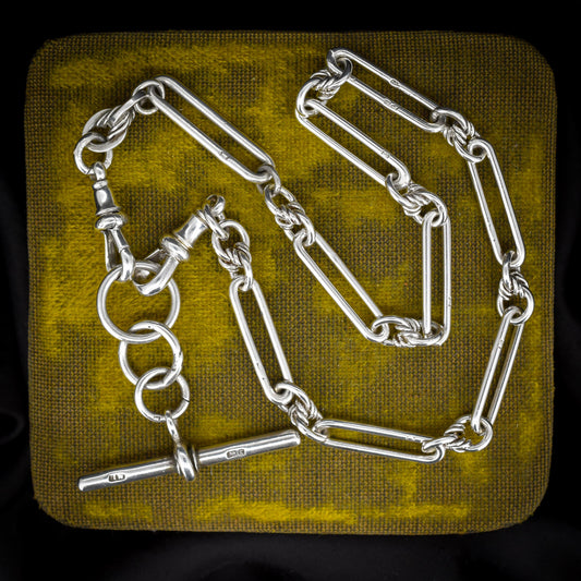 Antique Sterling Silver Trombone Watch Chain with Double Dog Clip and T Bar | 14"