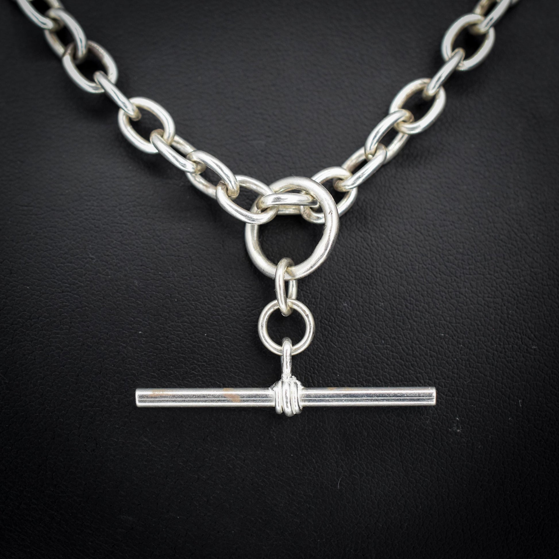 Vintage Silver Oval Cable Link Chain Necklace with Sliding T-bar and Dog Clips | 17" Length