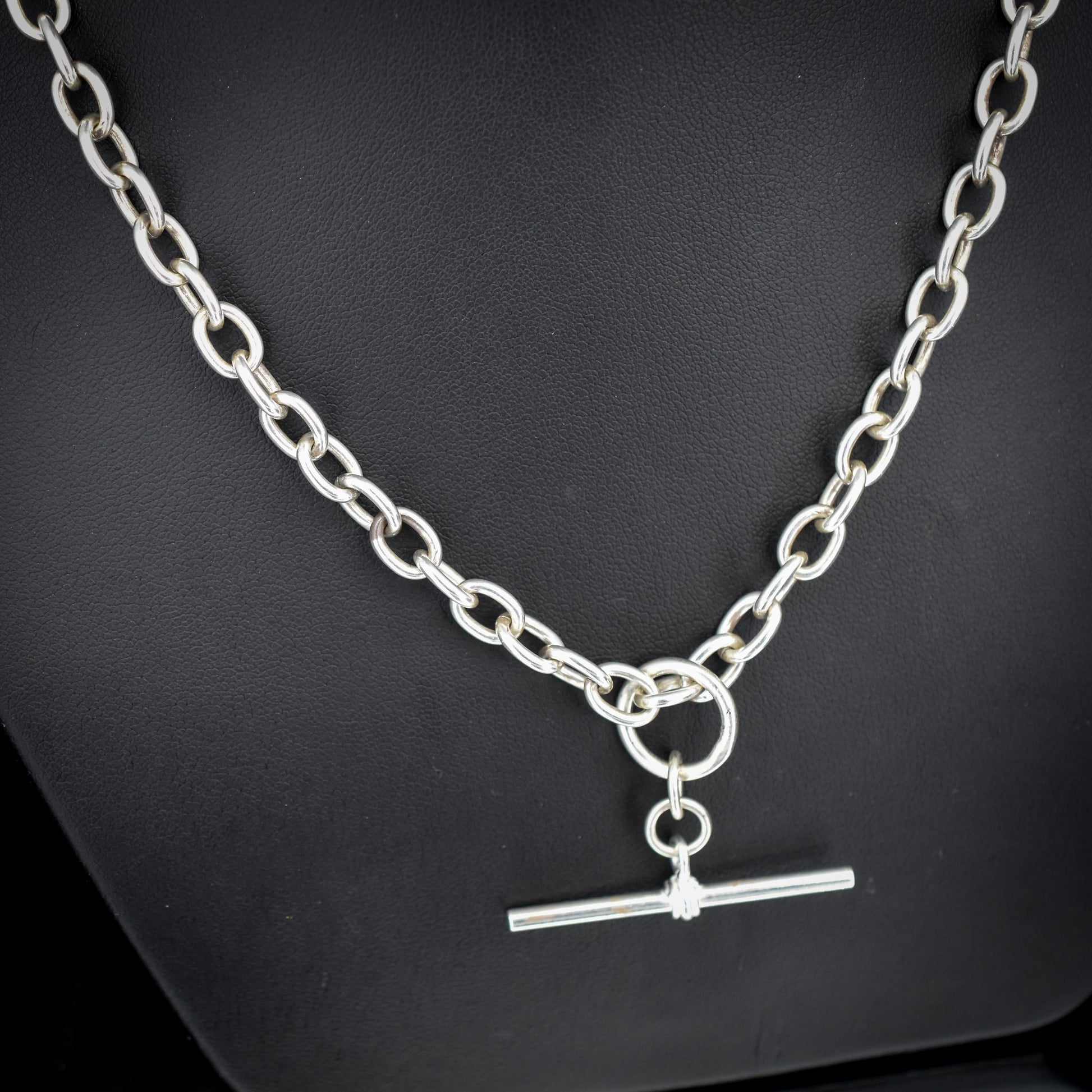 Vintage Silver Oval Cable Link Chain Necklace with Sliding T-bar and Dog Clips | 17" Length