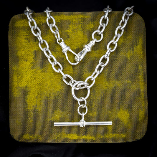 Vintage Silver Oval Cable Link Chain Necklace with Sliding T-bar and Dog Clips | 17" Length