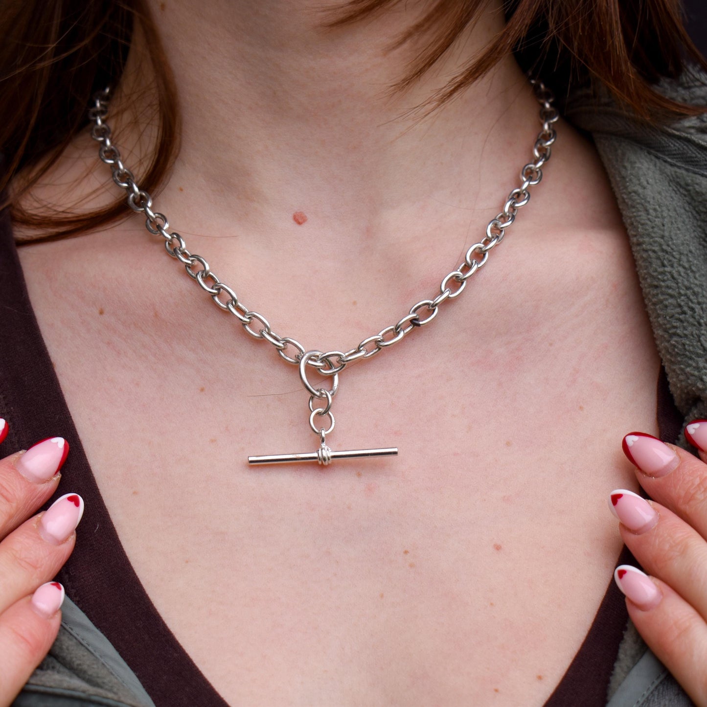 Vintage Silver Oval Cable Link Chain Necklace with Sliding T-bar and Dog Clips | 17" Length