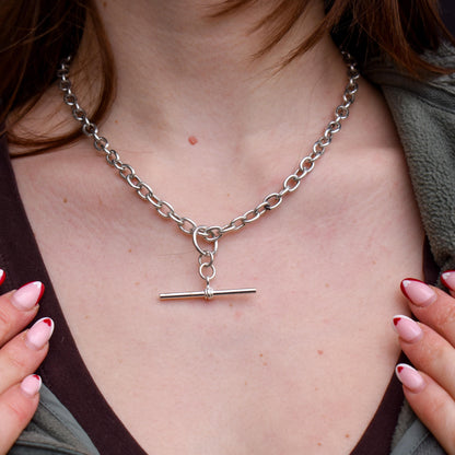 Vintage Silver Oval Cable Link Chain Necklace with Sliding T-bar and Dog Clips | 17" Length