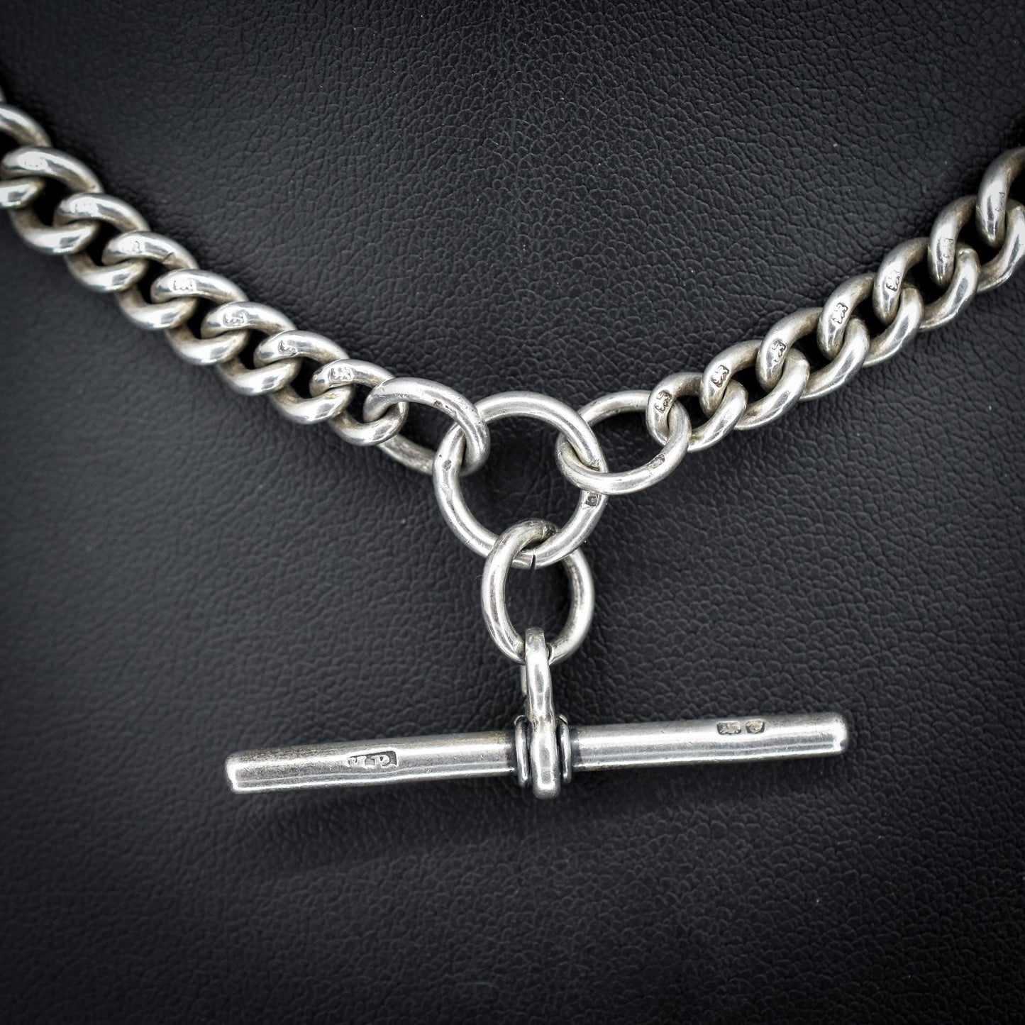 Antique 14.5" Sterling Silver Curb Link Albert Watch Chain Necklace with T-Bar and Dog Clips