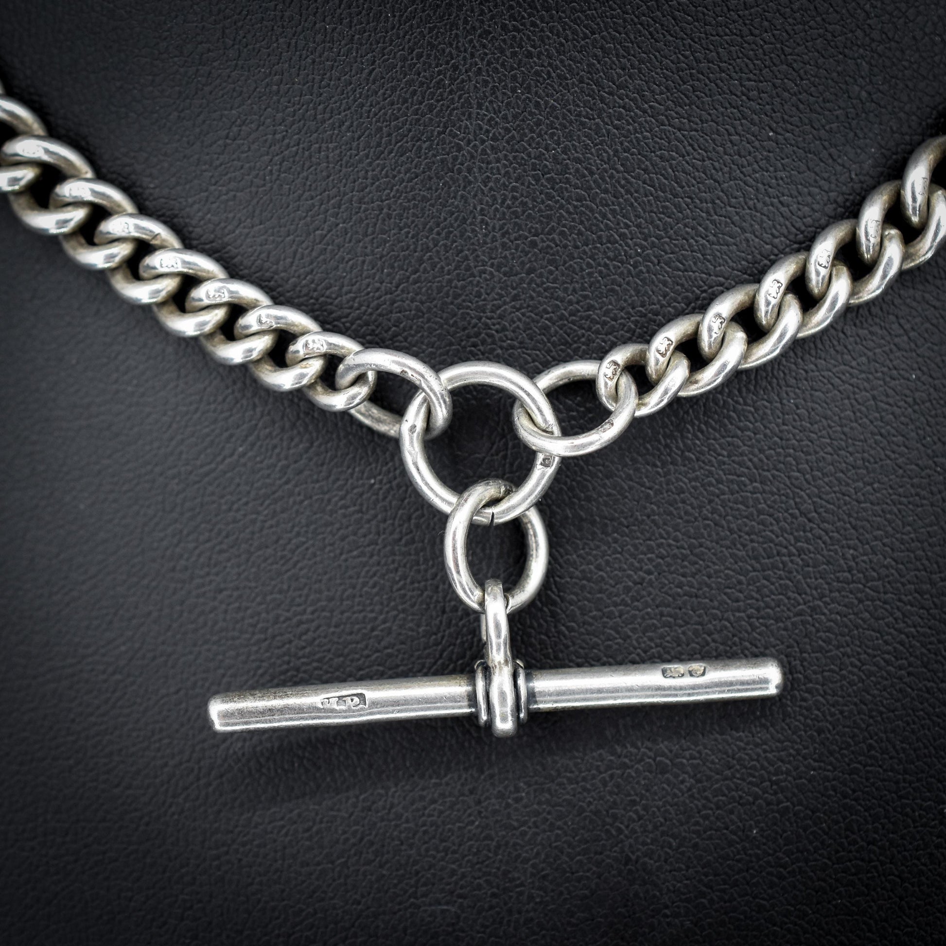 Antique 14.5" Sterling Silver Curb Link Albert Watch Chain Necklace with T-Bar and Dog Clips