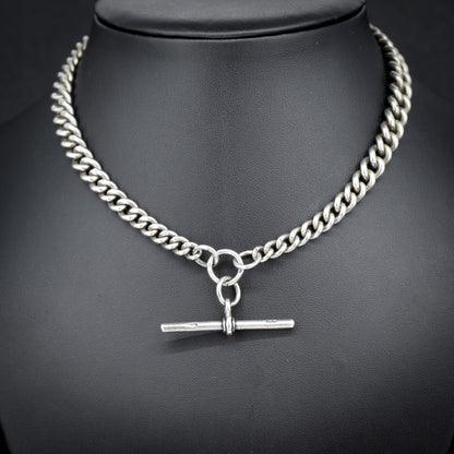 Antique 14.5" Sterling Silver Curb Link Albert Watch Chain Necklace with T-Bar and Dog Clips