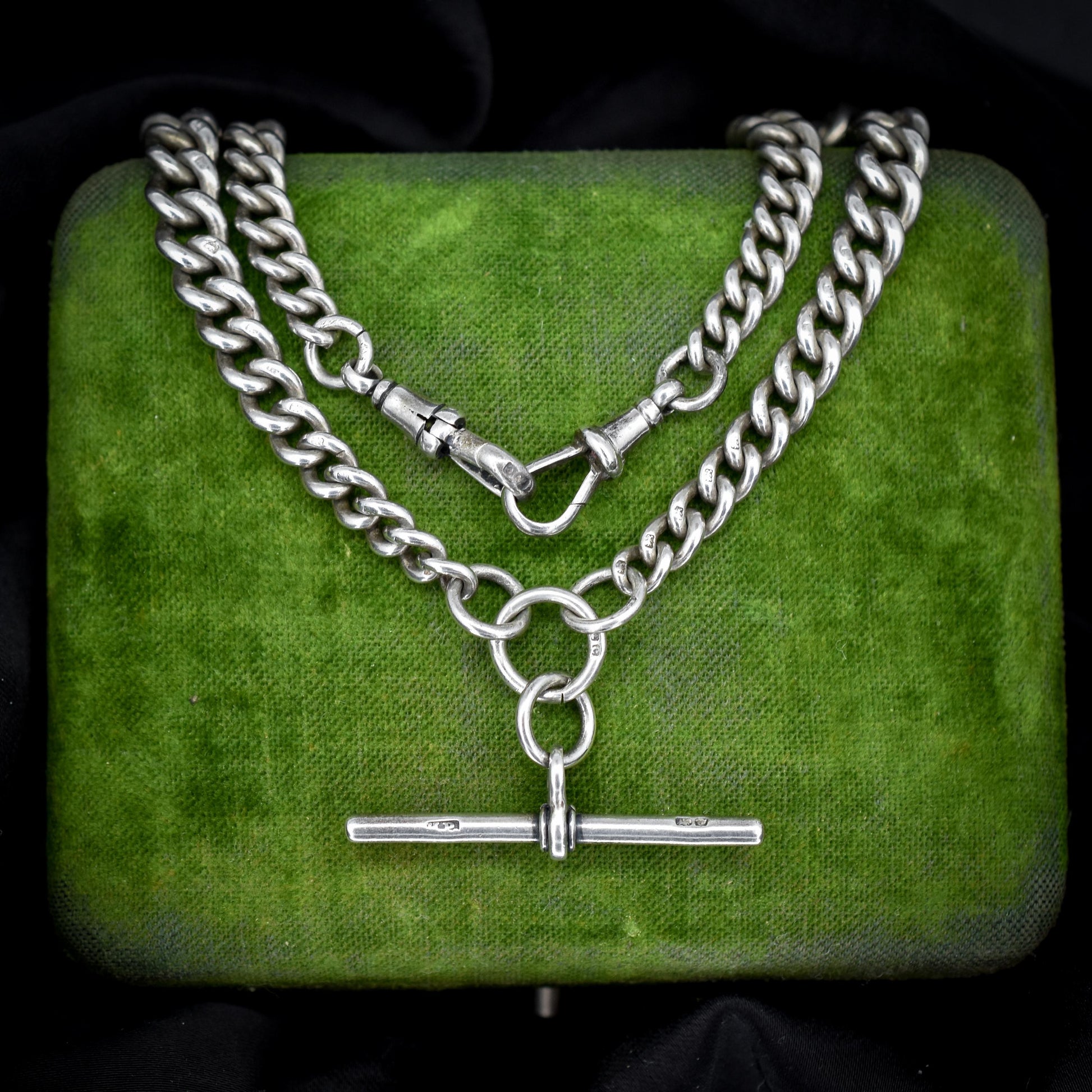 Antique 14.5" Sterling Silver Curb Link Albert Watch Chain Necklace with T-Bar and Dog Clips