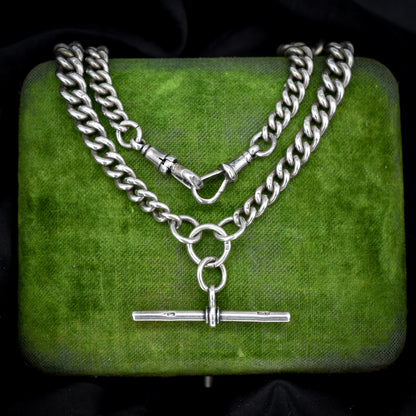 Antique 14.5" Sterling Silver Curb Link Albert Watch Chain Necklace with T-Bar and Dog Clips