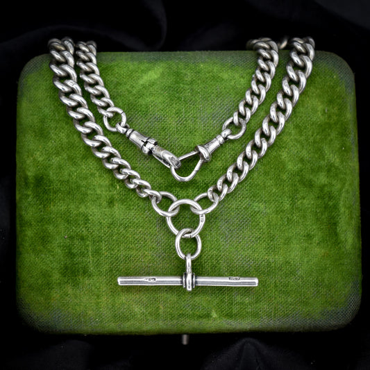 Antique 14.5" Sterling Silver Curb Link Albert Watch Chain Necklace with T-Bar and Dog Clips