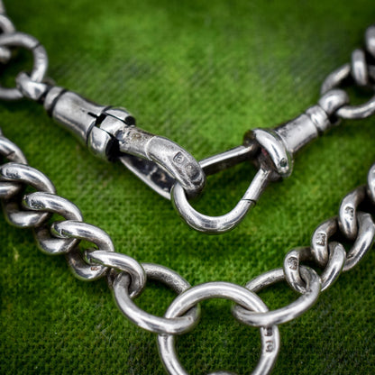 Antique 14.5" Sterling Silver Curb Link Albert Watch Chain Necklace with T-Bar and Dog Clips