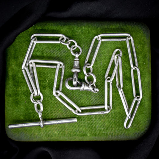 Antique Sterling Silver Paperlink Trombone Watch Chain with Dog Clips and T Bar | 16.5"