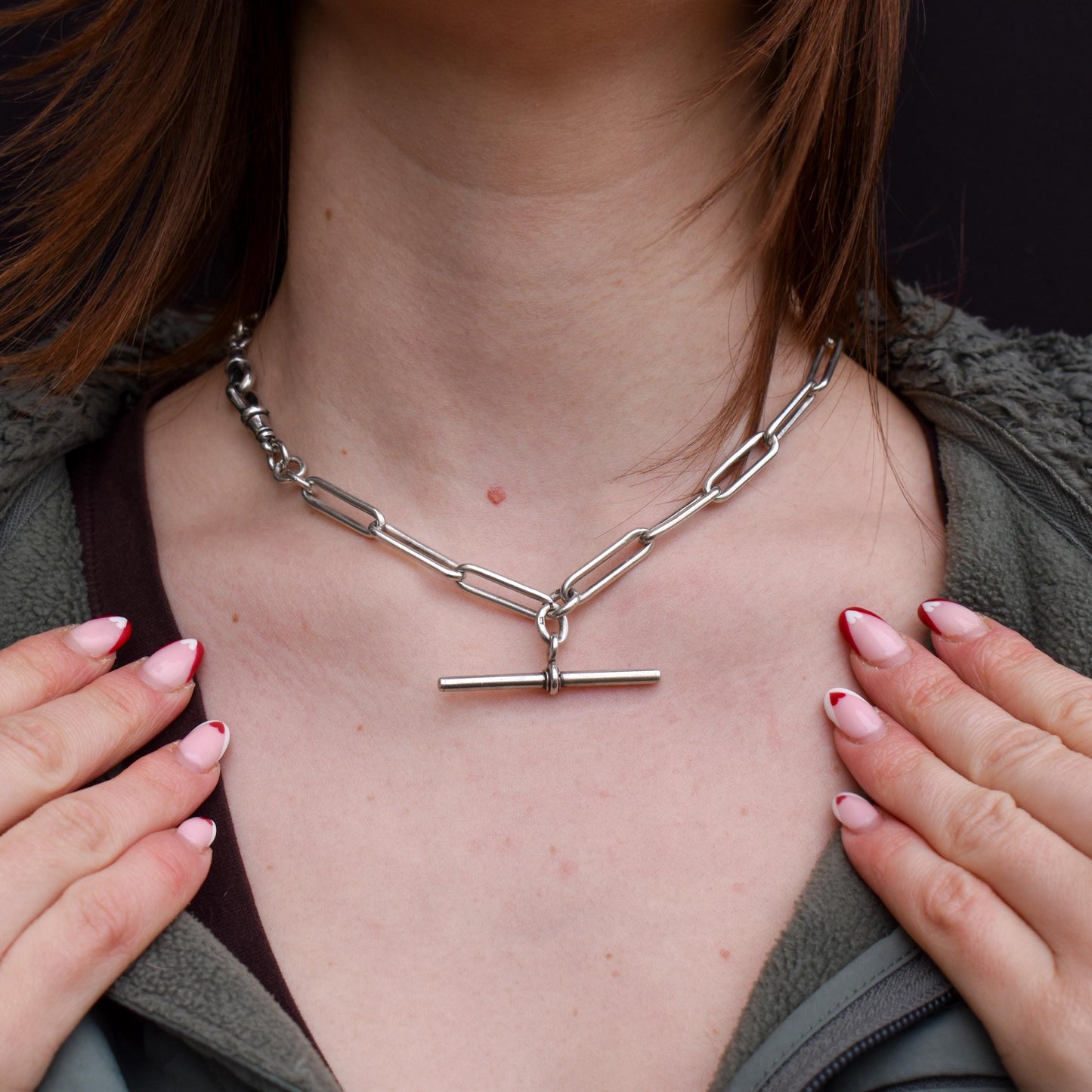 Antique Sterling Silver Paperlink Trombone Watch Chain with Dog Clips and T Bar | 16.5"