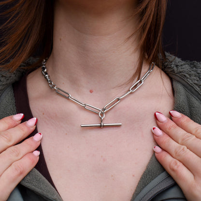 Antique Sterling Silver Paperlink Trombone Watch Chain with Dog Clips and T Bar | 16.5"