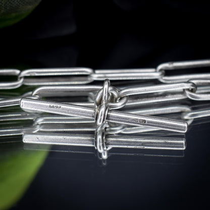 Antique Sterling Silver Paperlink Trombone Watch Chain with Dog Clips and T Bar | 16.5"