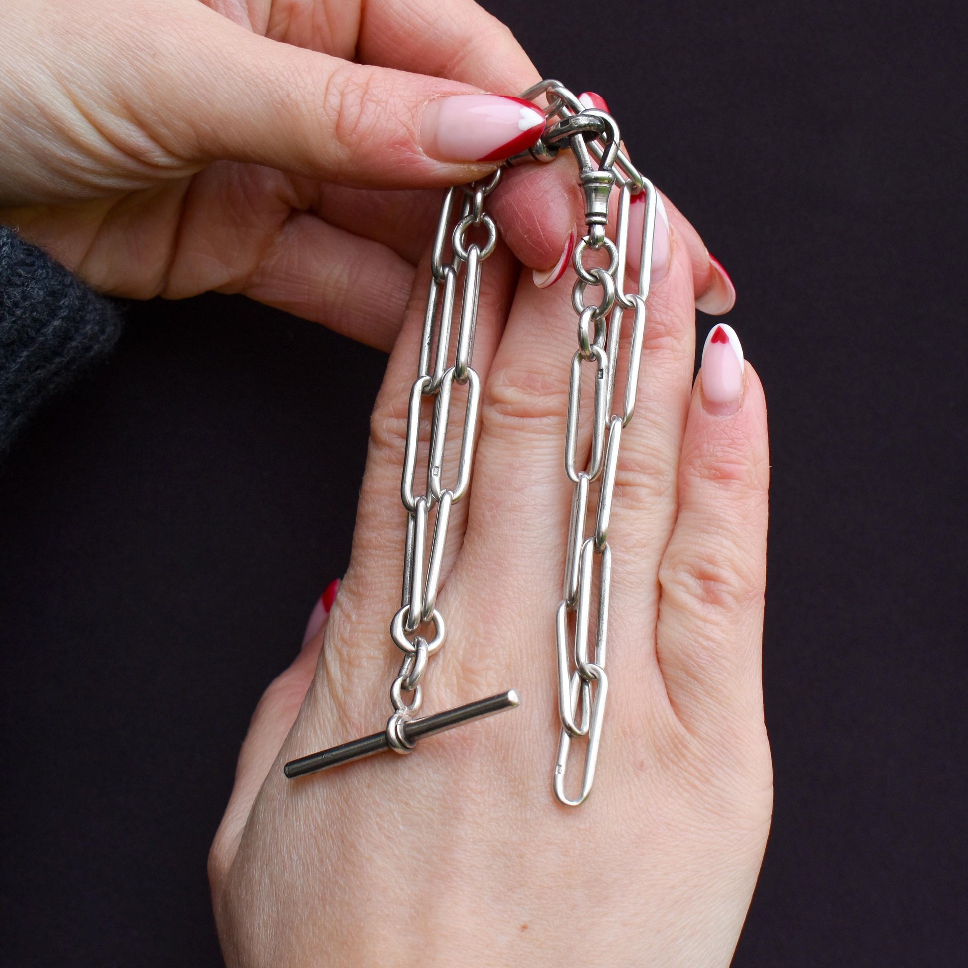 Antique Sterling Silver Paperlink Trombone Watch Chain with Dog Clips and T Bar | 16.5"