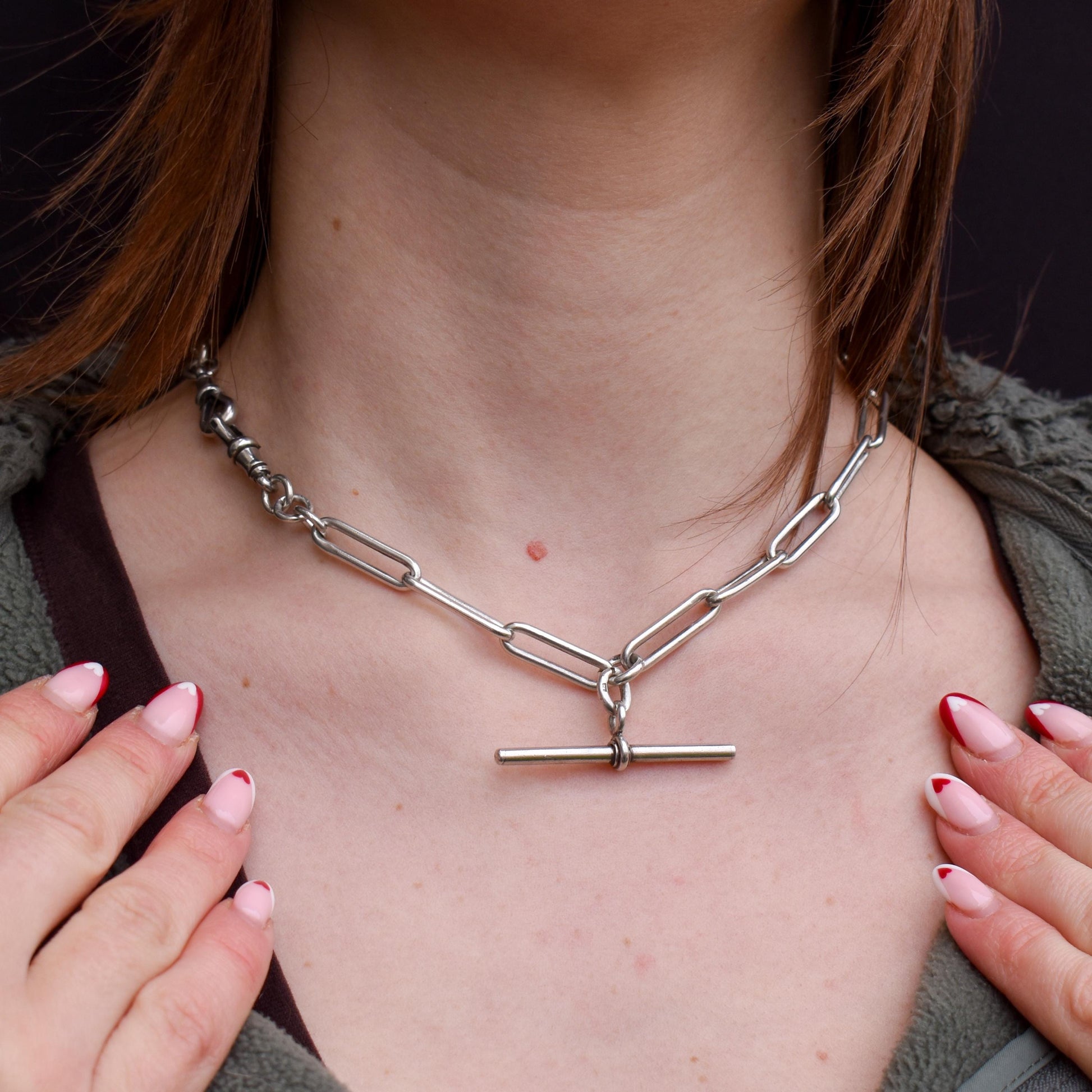 Antique Sterling Silver Paperlink Trombone Watch Chain with Dog Clips and T Bar | 16.5"