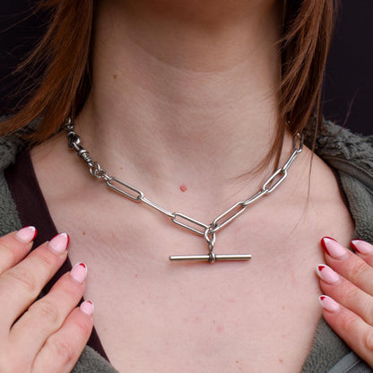 Antique Sterling Silver Paperlink Trombone Watch Chain with Dog Clips and T Bar | 16.5"