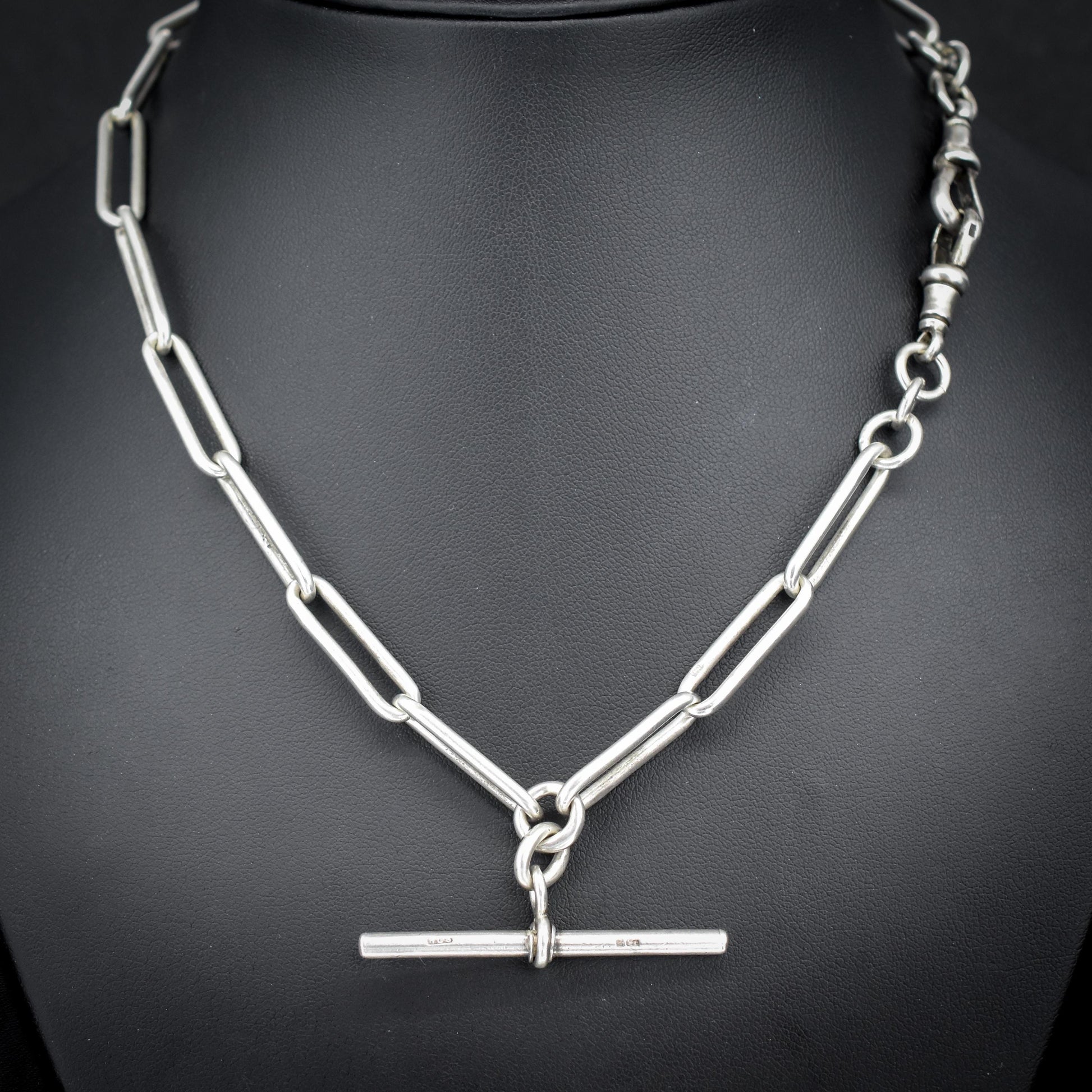 Antique Sterling Silver Paperlink Trombone Watch Chain with Dog Clips and T Bar | 16.5"