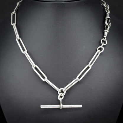 Antique Sterling Silver Paperlink Trombone Watch Chain with Dog Clips and T Bar | 16.5"