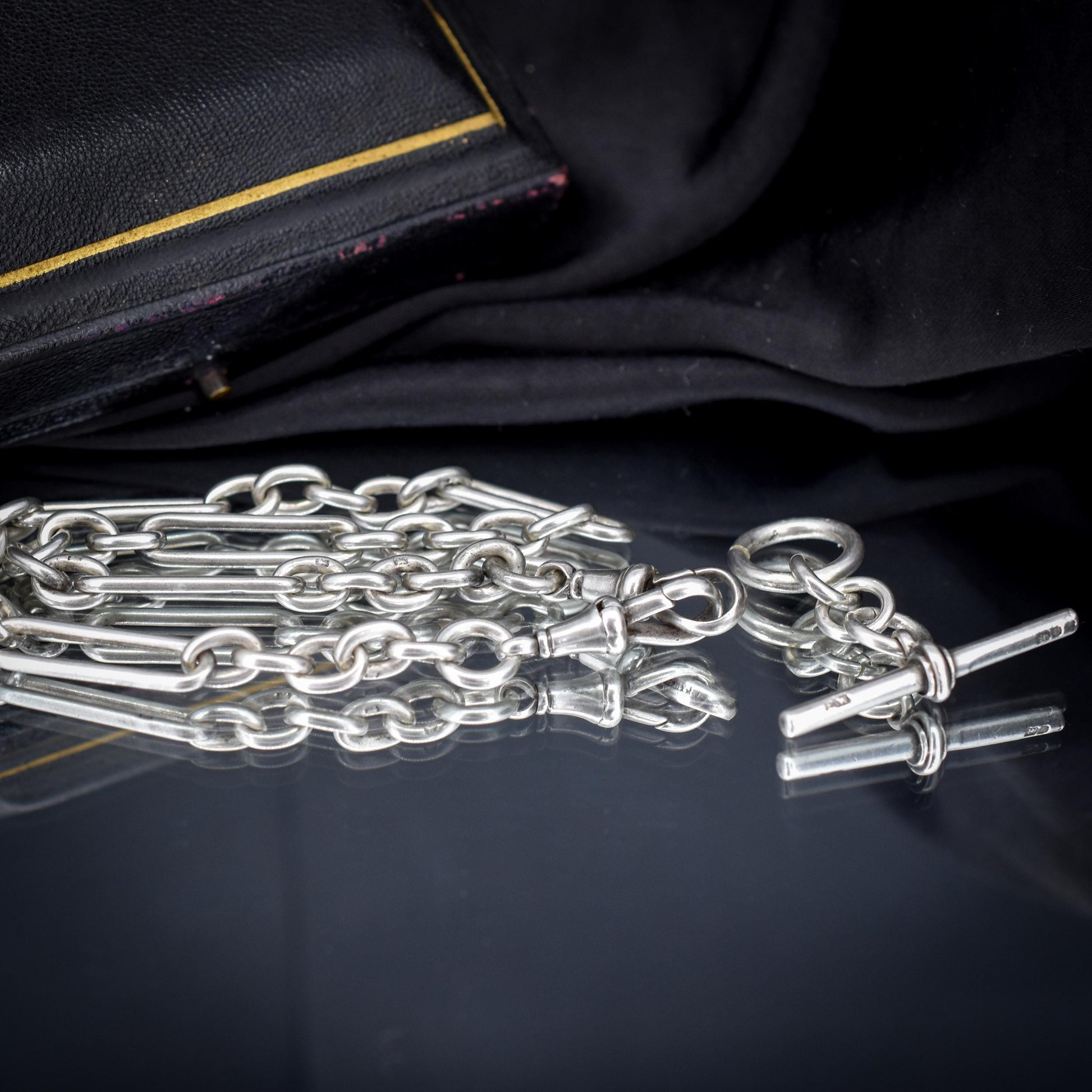 Antique Sterling Silver Trombone Watch Chain with Dog Clips and T Bar | 14"