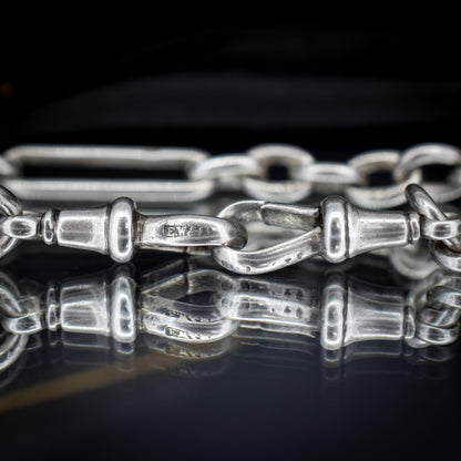 Antique Sterling Silver Trombone Watch Chain with Dog Clips and T Bar | 14"