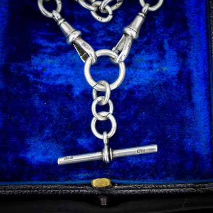 Antique Sterling Silver Trombone Watch Chain with Dog Clips and T Bar | 14"