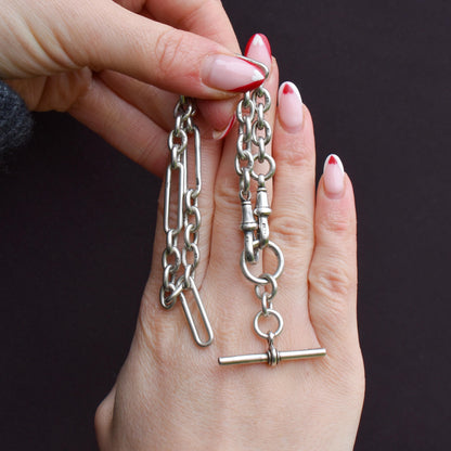 Antique Sterling Silver Trombone Watch Chain with Dog Clips and T Bar | 14"