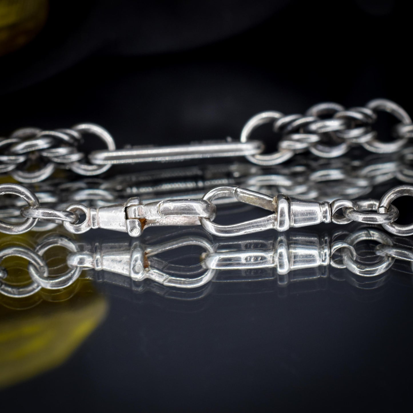 Antique Sterling Silver Trombone and Love Knot Albert Chain with Dog Clips | 16"