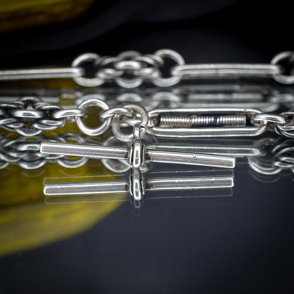 Antique Sterling Silver Trombone and Love Knot Albert Chain with Dog Clips | 16"