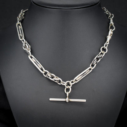 Antique Sterling Silver Trombone and Love Knot Albert Chain with Dog Clips | 16"