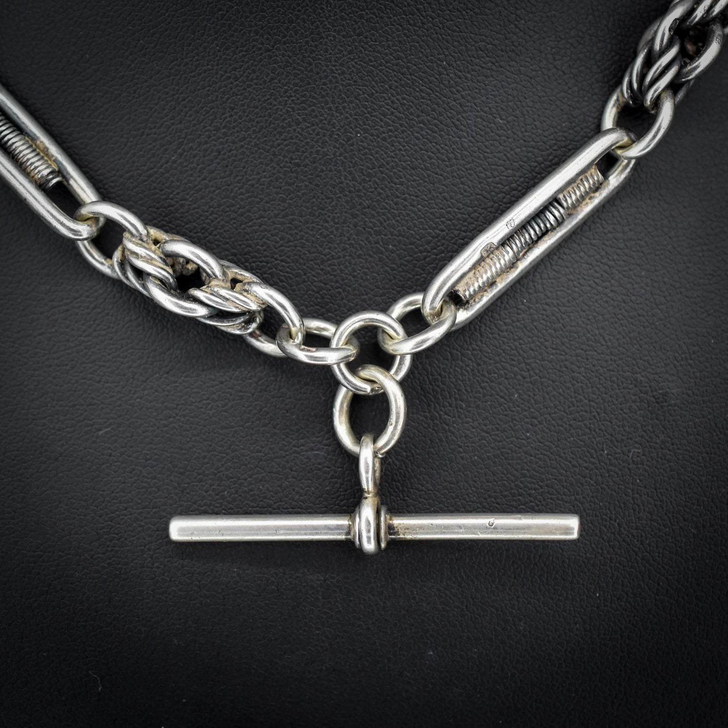 Antique Sterling Silver Trombone and Love Knot Albert Chain with Dog Clips | 16"