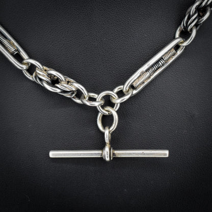 Antique Sterling Silver Trombone and Love Knot Albert Chain with Dog Clips | 16"