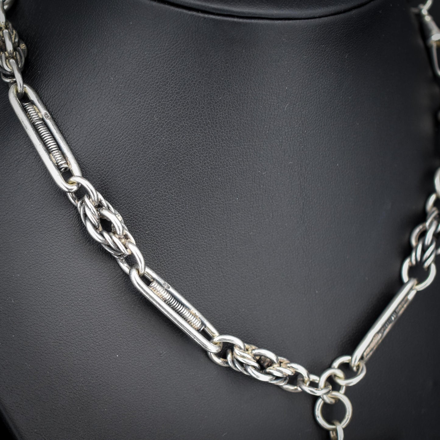 Antique Sterling Silver Trombone and Love Knot Albert Chain with Dog Clips | 16"