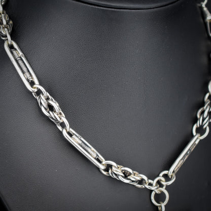 Antique Sterling Silver Trombone and Love Knot Albert Chain with Dog Clips | 16"