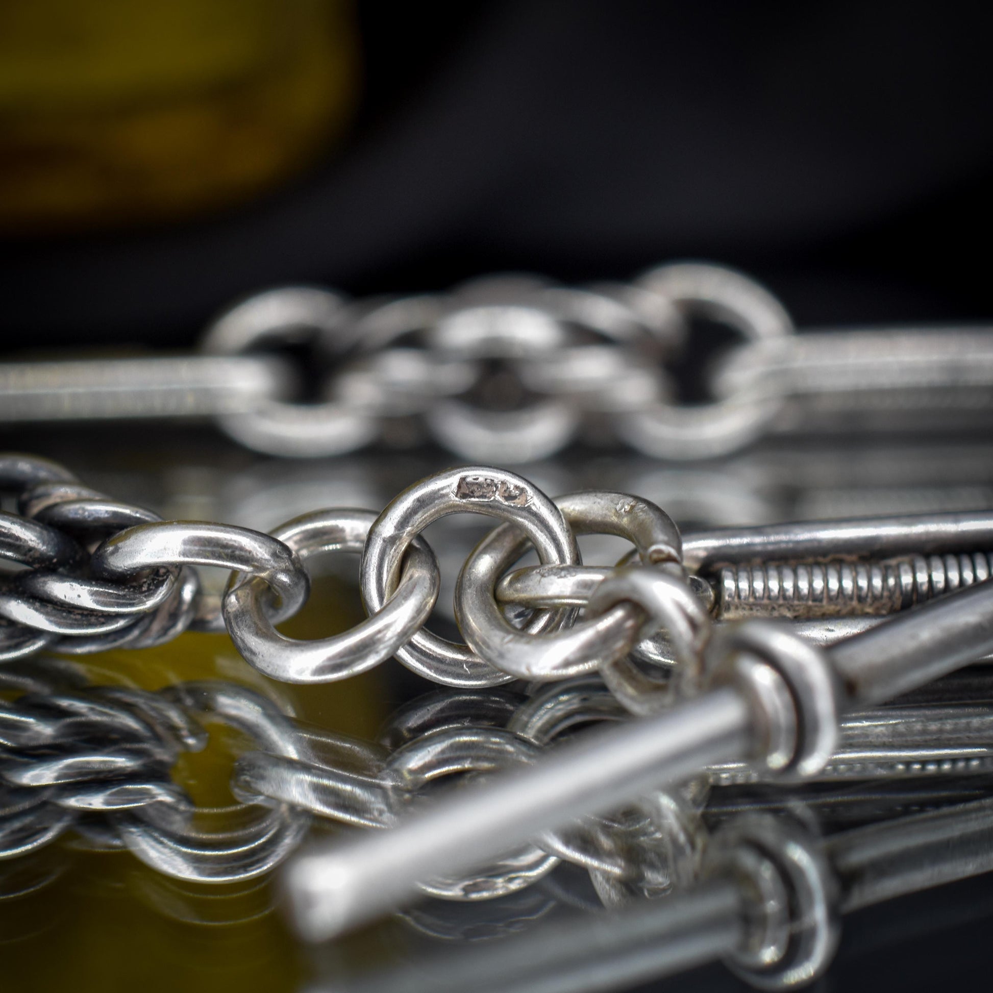 Antique Sterling Silver Trombone and Love Knot Albert Chain with Dog Clips | 16"