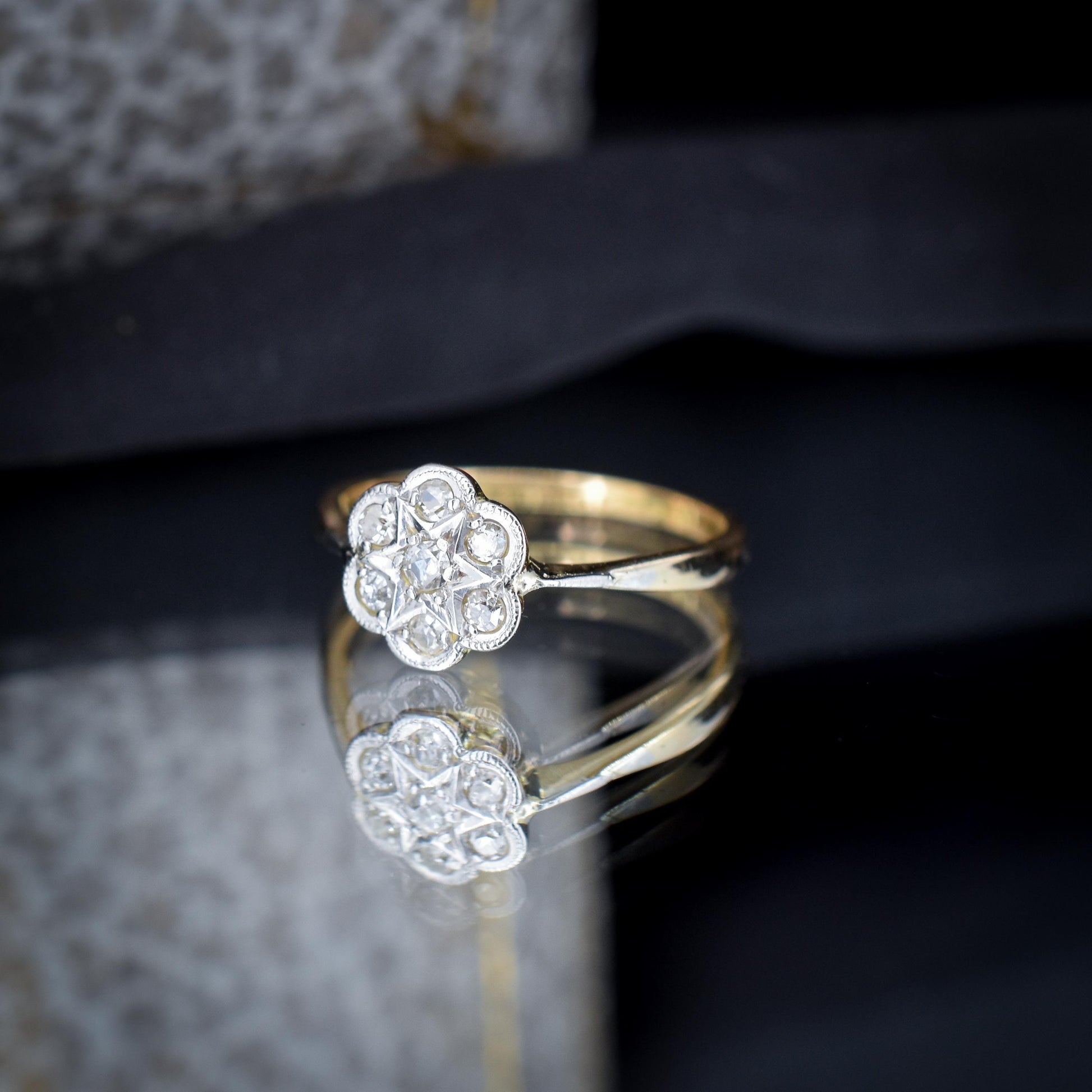 Antique Diamond Cluster Daisy Star 18ct Gold and Platinum Ring