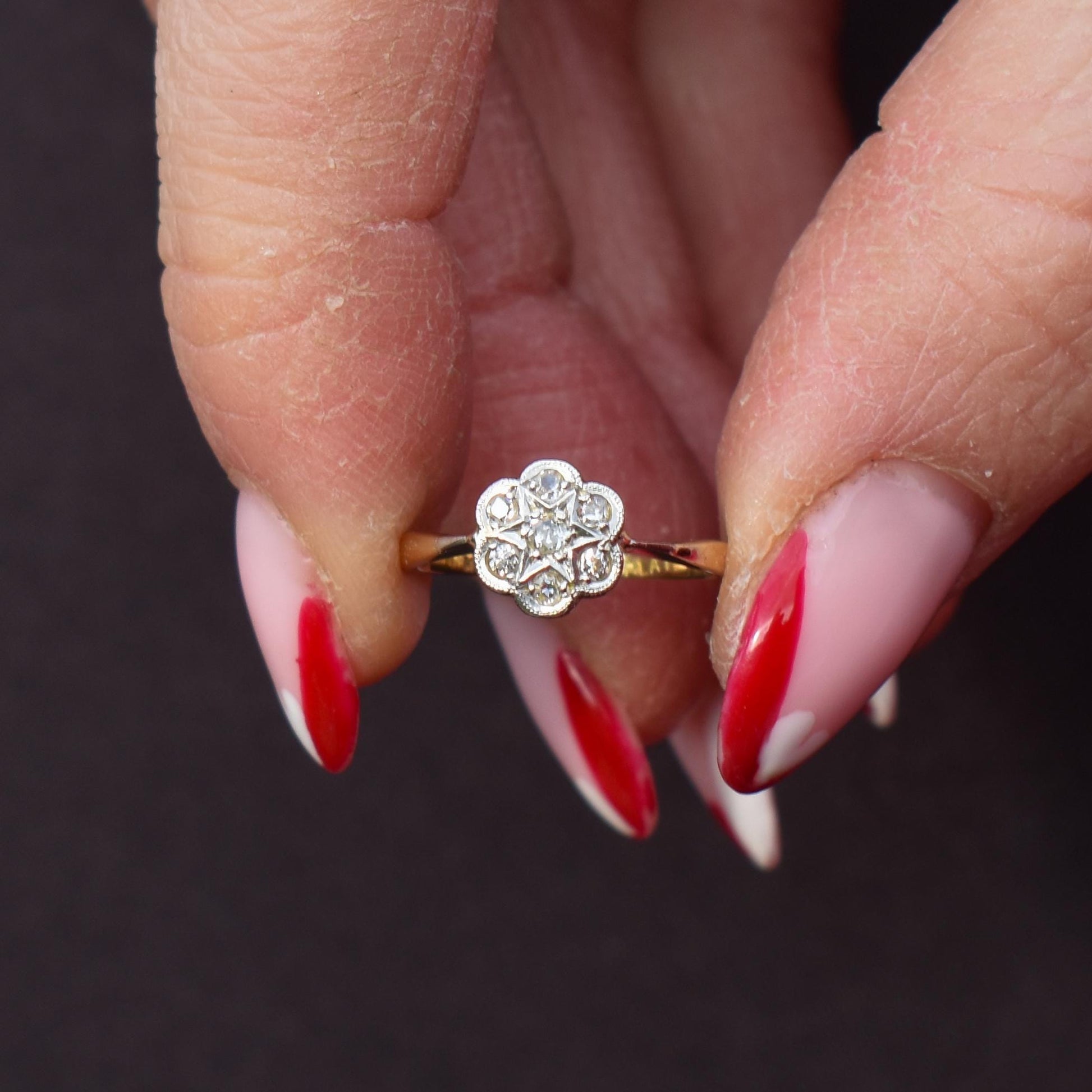 Antique Diamond Cluster Daisy Star 18ct Gold and Platinum Ring