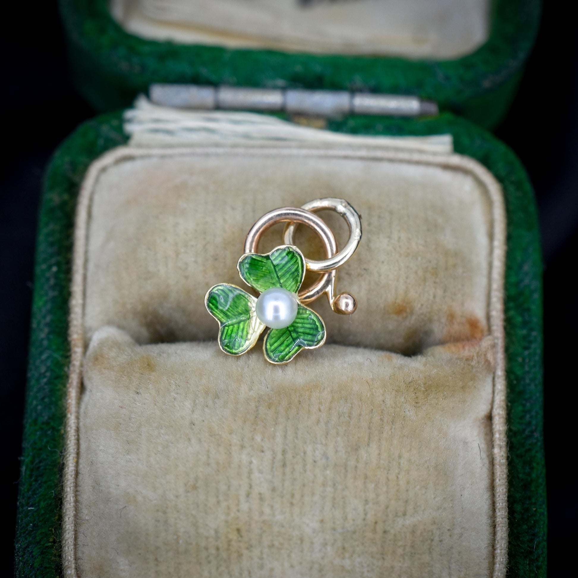 Antique Pearl 15ct Gold Enamel Clover Charm Pendant