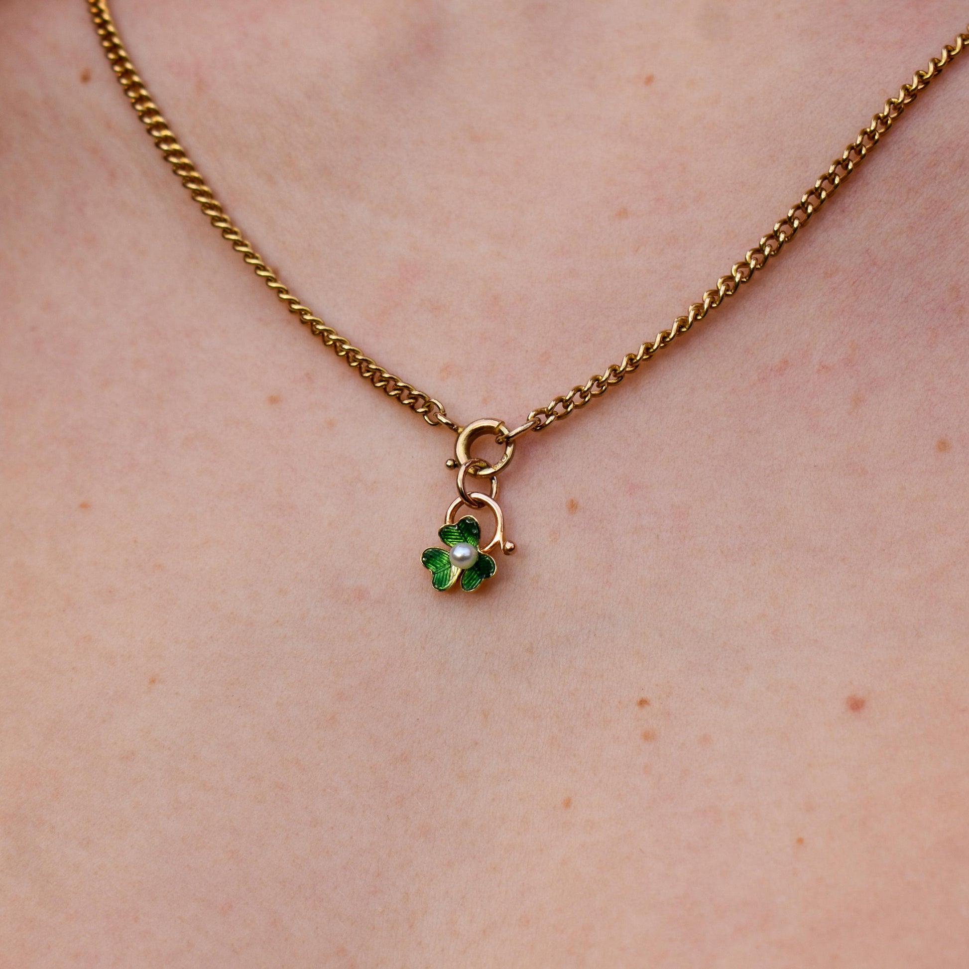 Antique Pearl 15ct Gold Enamel Clover Charm Pendant