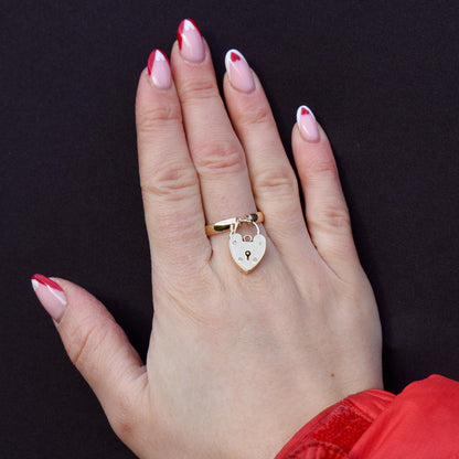 Vintage 'I LOVE YOU' Heart Padlock Drop 9ct Yellow Gold Band Ring