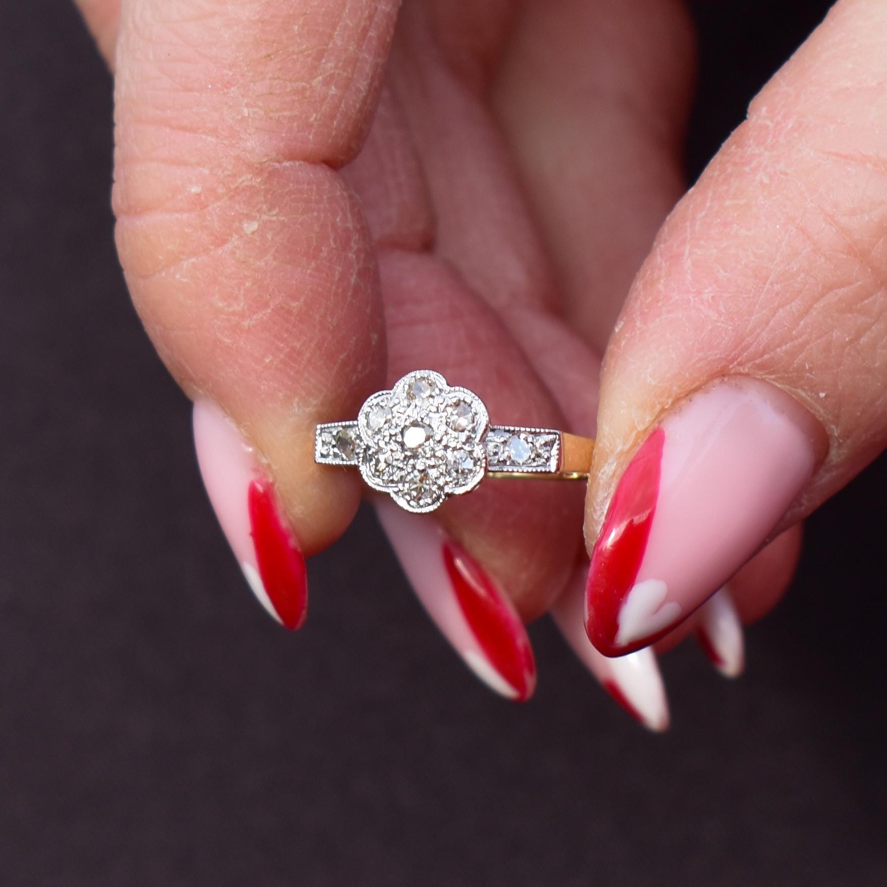 Antique Edwardian Diamond Cluster Daisy 18ct Yellow Gold and Platinum Ring