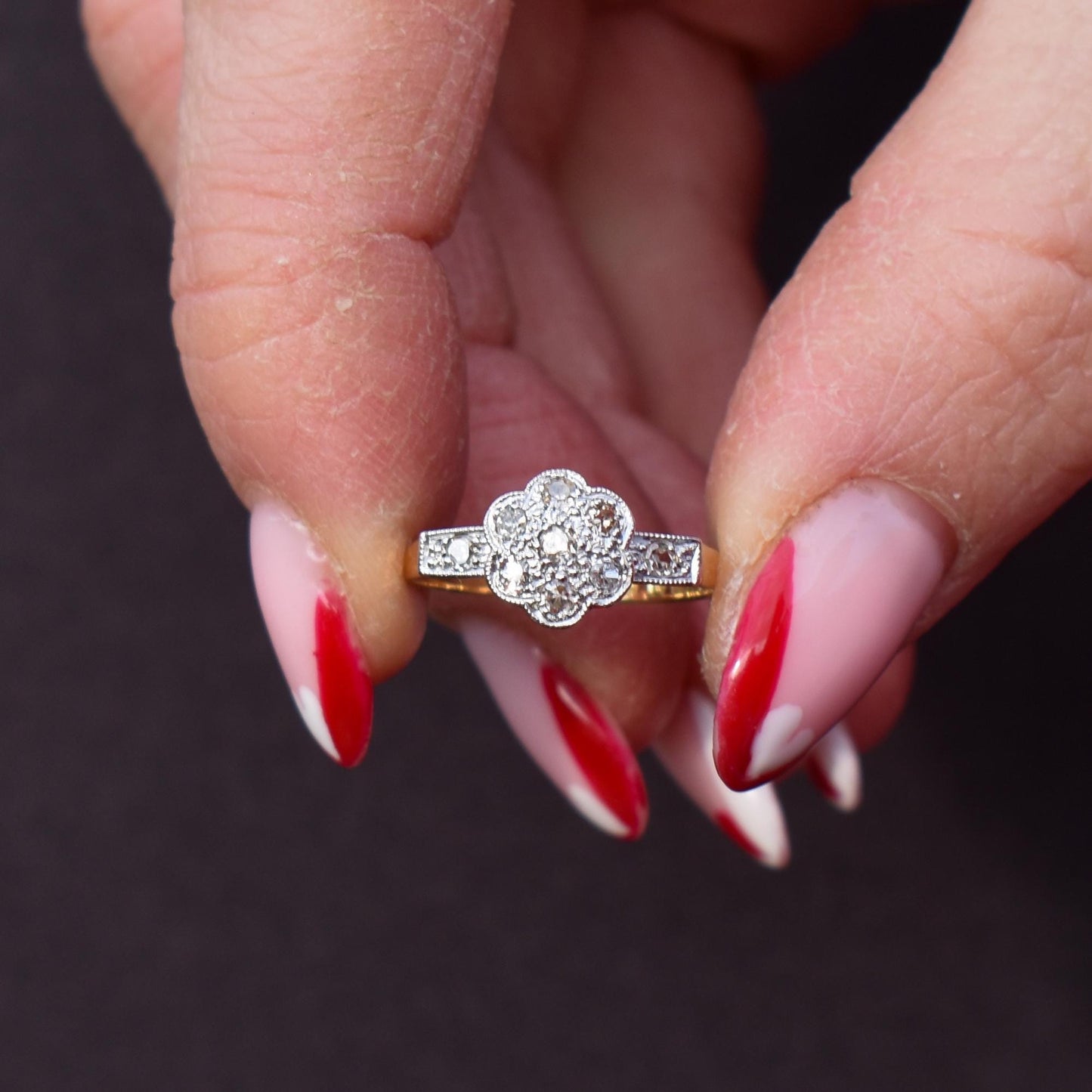 Antique Edwardian Diamond Cluster Daisy 18ct Yellow Gold and Platinum Ring