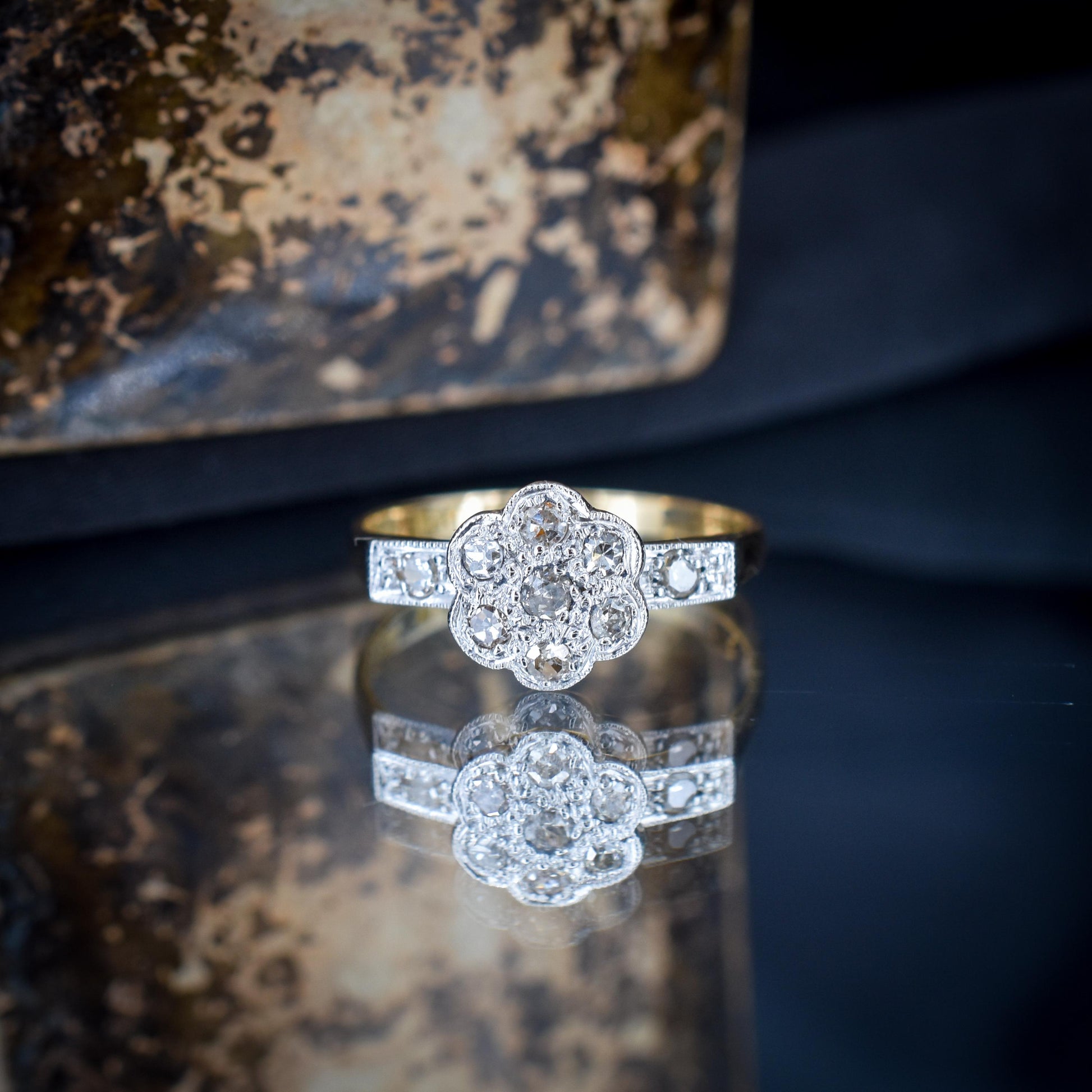 Antique Edwardian Diamond Cluster Daisy 18ct Yellow Gold and Platinum Ring