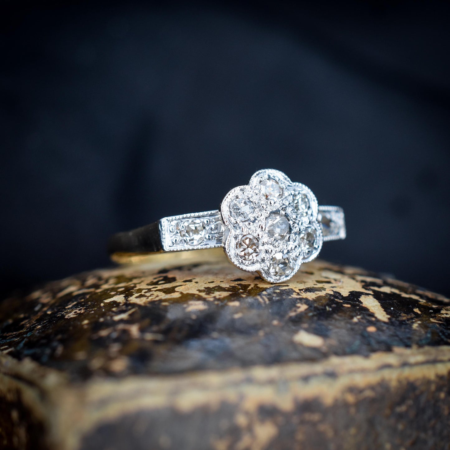 Antique Edwardian Diamond Cluster Daisy 18ct Yellow Gold and Platinum Ring