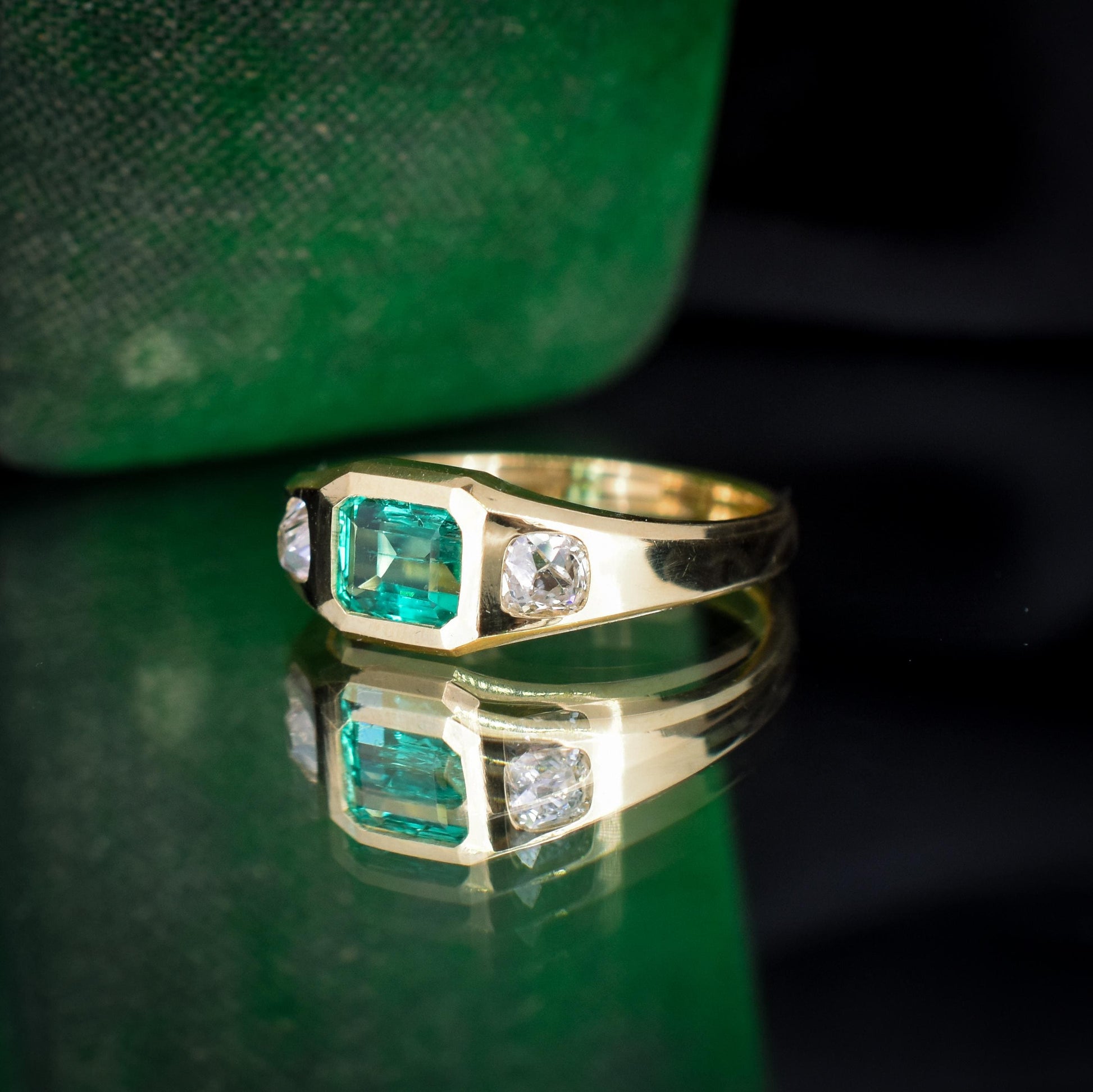 Natural Emerald and Diamond Three Stone 18ct Gold Gypsy Band Ring