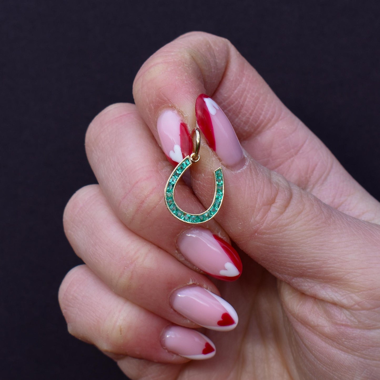 0.35ct French Cut Emerald Horseshoe 18ct Gold Charm Pendant