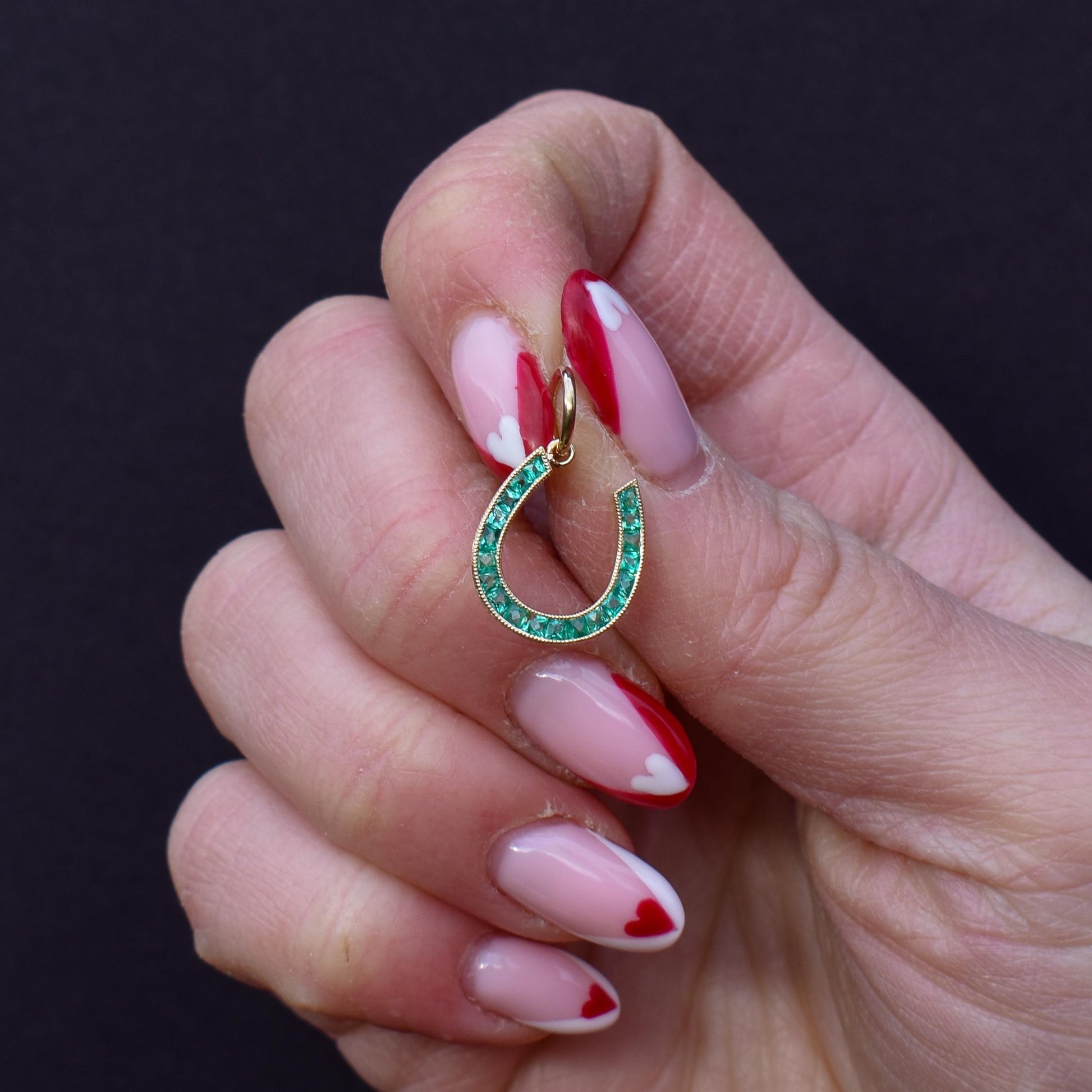 0.35ct French Cut Emerald Horseshoe 18ct Gold Charm Pendant