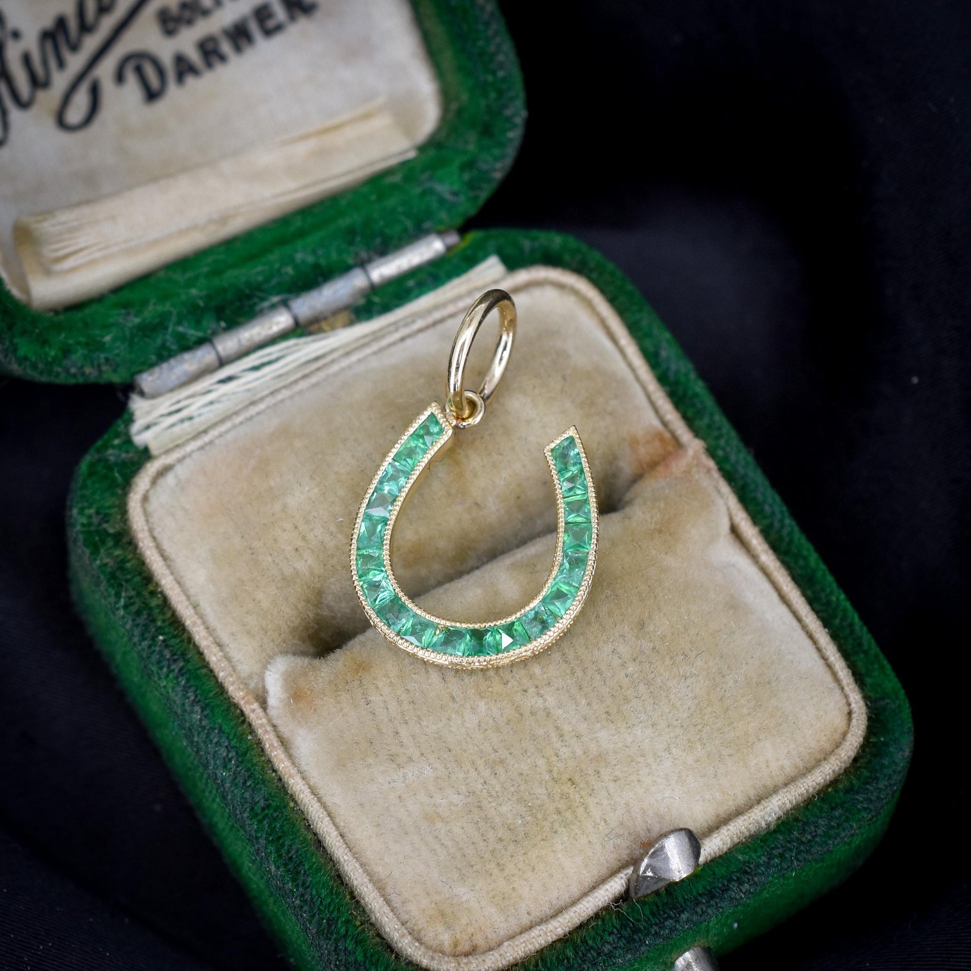 0.35ct French Cut Emerald Horseshoe 18ct Gold Charm Pendant