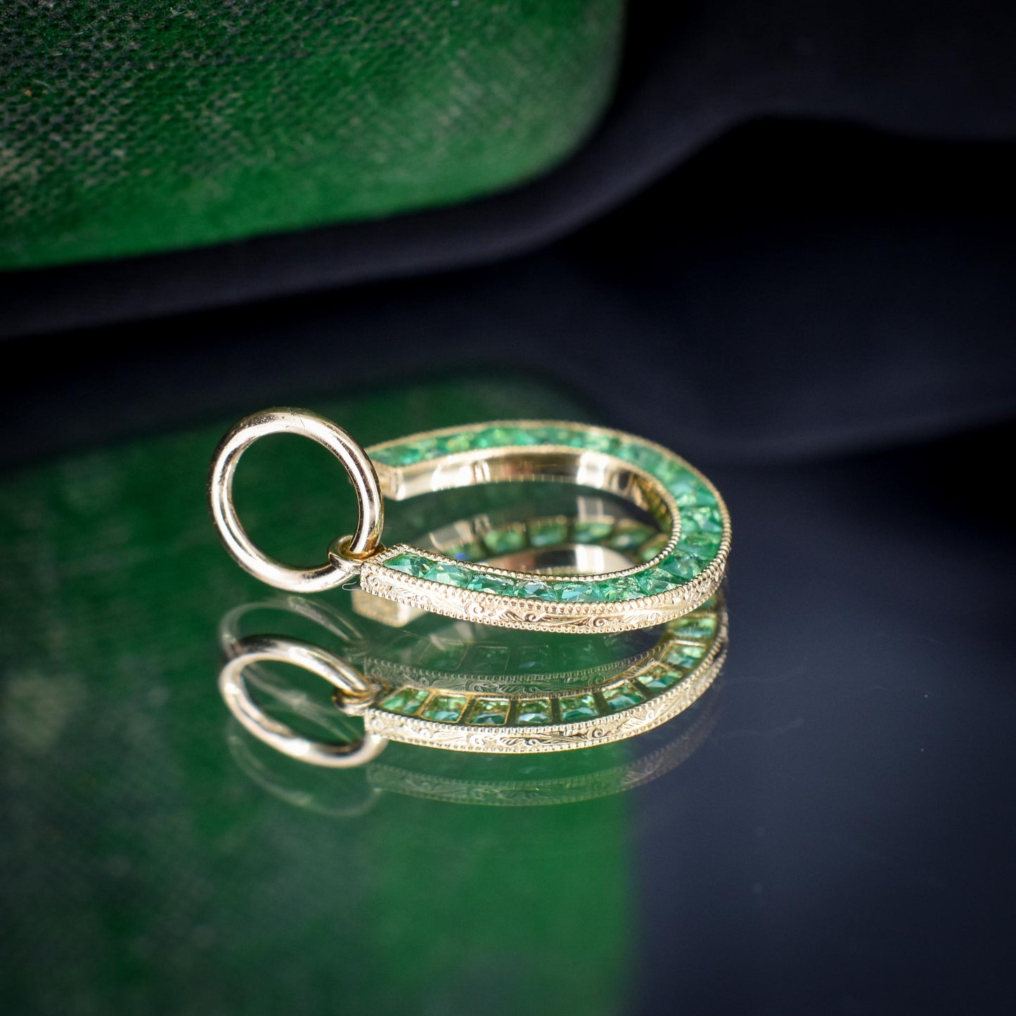 0.35ct French Cut Emerald Horseshoe 18ct Gold Charm Pendant